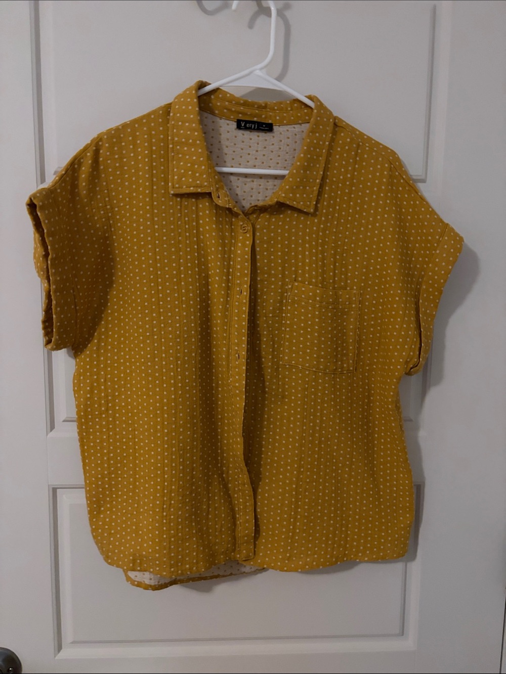 Very J Mustard Yellow Button-Down Short Sleeve Top with White Polka Dots
